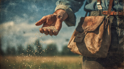 Close-up of vintage sower dispersing seeds in a field during daylight
