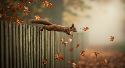 A reddish squirrel leaps over a weathered wooden fence, scattering golden leaves with it's motion, along a foggy path