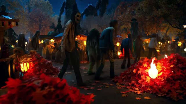A group of zombies roam through a haunted autumn festival at night, surrounded by glowing lanterns and piles of red leaves. A monstrous shadow looms overhead, creating a chilling, suspenseful horror s
