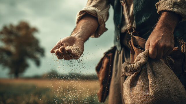 Close-up of vintage sower spreading seeds in a golden field on a cloudy day