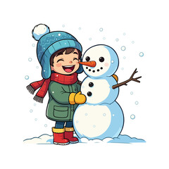 Naklejka premium A festive cartoon snowman wearing a hat and a scarf holding a broom, with a smaller snowman beside him, against a winter landscape background