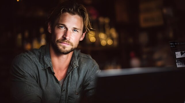 Confident male entrepreneur with a thoughtful expression in a dimly lit bar looking directly at the viewer embodying modern business casual style