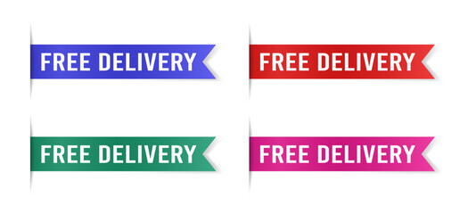 Collection of bookmarks with flag shape and “Free Delivery” text. Includes red, blue, green, and pink colors. Vector design for shipping, e-commerce, and online shopping promotions.