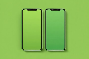 Two identical lime green smartphones, side-by-side, displayed on a solid lime green background.  Both phones feature a blank screen,  with a smooth gradient effect.  