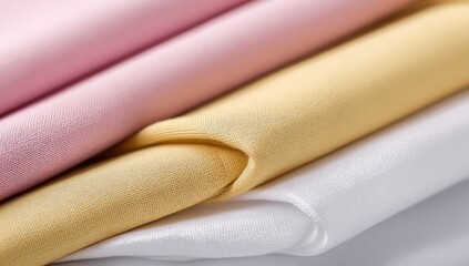 Close-up of folded fabric in pastel colors.  Soft, smooth textures of pink, yellow, and white fabrics stacked