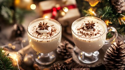 Holiday office party with special eggnog in stylish cups on a table surrounded by holiday decor cheerful colleagues in festive attire and a Christmas tree adorned with twinkling lights