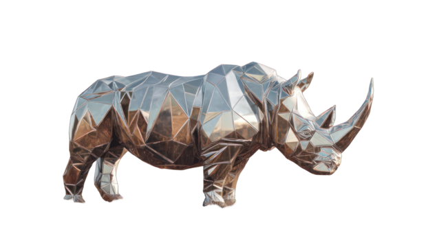 Metallic rhino sculpture, polygonal design