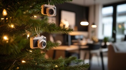 Christmas tree decorations featuring miniature cameras modern home office photography theme cozy indoor environment close-up view holiday spirit