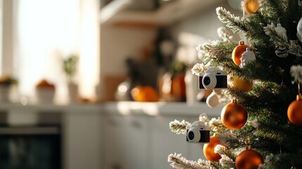 Festive holiday action christmas tree decorated with ornaments and cameras cozy kitchen setting vibrant atmosphere warm viewpoint for memorable moments