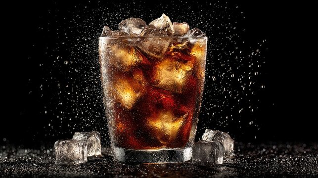 A glass of dark cola with ice, surrounded by splashing water droplets, set against a dark background