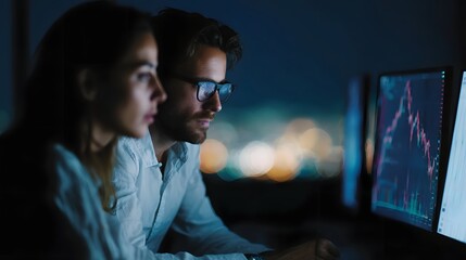 Two dedicated business professionals intently analyze complex market data on multiple computer screens in a dimly lit office at night