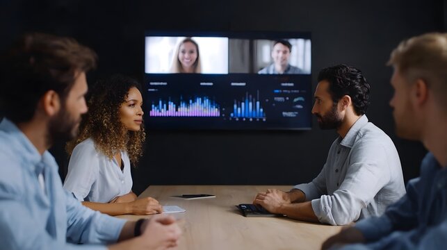 Corporate team collaborates during a hybrid video conference analyzing data charts displayed on a large screen in a modern office meeting room