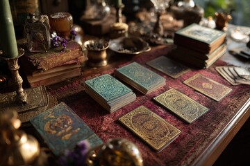 Vintage tarot cards on mystical table with candles and antique objects
