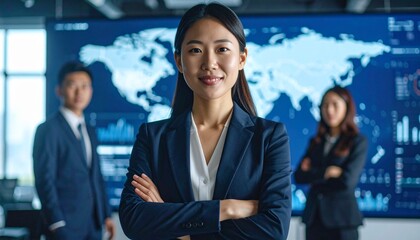 a Confident Business Leader in Front of Diverse Team with Digital World Map