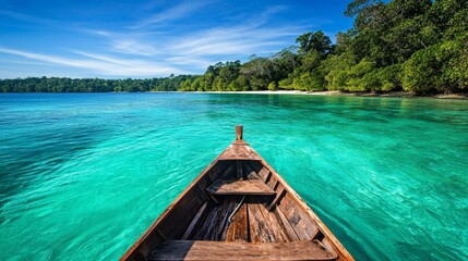 Exploring tranquil waters a rustic boat journey through crystal clear seas in a lush tropical paradise
