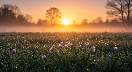 Naklejka premium A vast field of wildflowers, bathed in the golden light of a sunrise, filled with morning dew drops.
