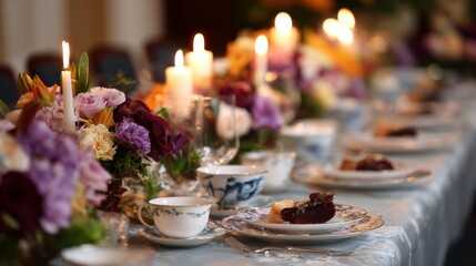 Elegant table setting with floral arrangements candles and dessert plates