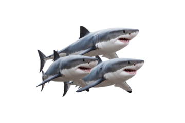 Three majestic great white sharks swim together, showcasing their power and grace