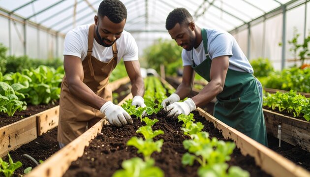 a People Working Together in a Greenhouse Planting Young Seedlings