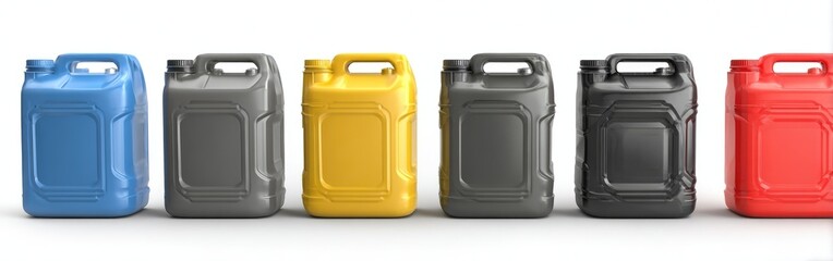Row of colorful plastic jerry cans