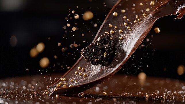 Chocolate tuile positioning featuring golden chocolate pearls and leaf accents on curved spoon, premium restaurant dessert, macro photography with artistic bokeh effect, culinary artistry