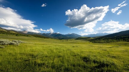 Fototapeta premium Expansive mountain landscape rocky mountains nature photography vibrant green fields panoramic view serenity in nature