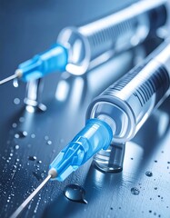 Two medical syringes, close-up, with a cool, clinical tone, detailed markings and blue components, sit on a surface with water droplets.