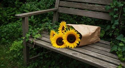 A bouquet of bright yellow sunflowers peeps from a brown paper bag resting on a weathered wooden bench amid lush green foliage