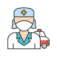 Female paramedic with an ambulance in a flat design