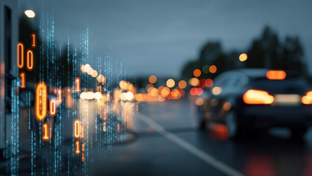 Blurry city street at night with overlaid binary code