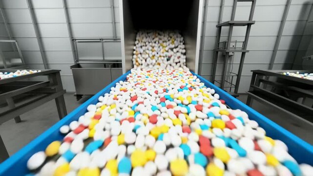 Tablets rapidly pour and tumble down a chute into a conveyor belt in a fast-moving manufacturing setup