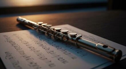 A golden flute rests on sheet music, illuminated by warm light