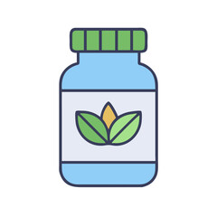 Blue bottle of herbal supplements vector on black backdrop