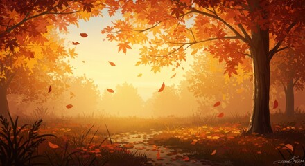 A serene autumnal woodland scene bathed in golden sunlight, showcasing falling leaves and a misty atmosphere.