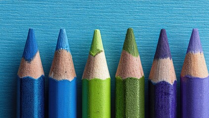 Close-up of sharpened colored pencils in a row.  Five pencils of varying shades of blue, green, and purple are arranged horizontally. 