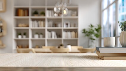 Empty wooden table top for product display with blurred modern home library background.