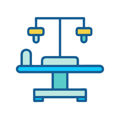 Medical examination table with surgical lights on black backdrop