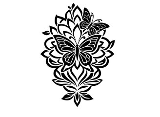 Intricate Black and White Butterfly and Floral Design – Symmetrical Tattoo and Craft Pattern