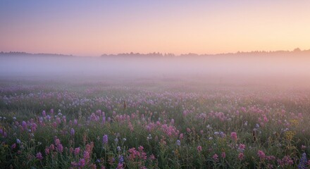 Fototapeta premium A vast field of wildflowers bathed in a soft, pastel sunrise, shrouded in morning mist, creating a serene and peaceful landscape.