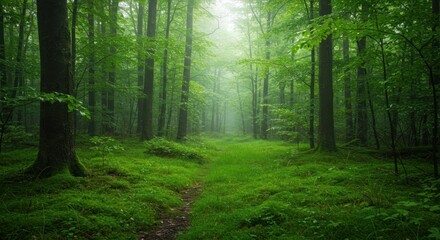 Fototapeta premium A verdant forest path, bathed in soft, diffused light, winds through a dense woodland.