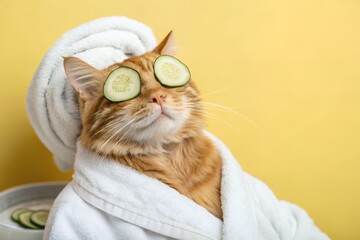 Relaxing cat enjoying a spa day with cucumber eye slices