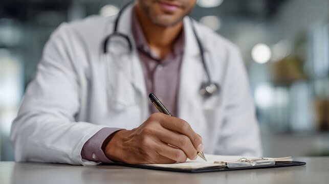 A professional male doctor in a white lab coat diligently writes notes on a clipboard with a pen focusing on patient records in a medical office