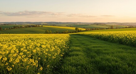 A sprawling landscape of vibrant yellow rapeseed fields meets lush green meadows at a tranquil rural sunset.