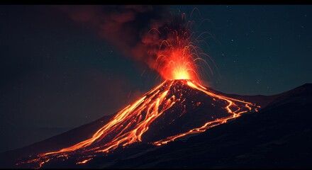 A dramatic nighttime eruption of a volcano, showcasing fiery lava flows cascading down its slopes against a dark sky scattered with stars.