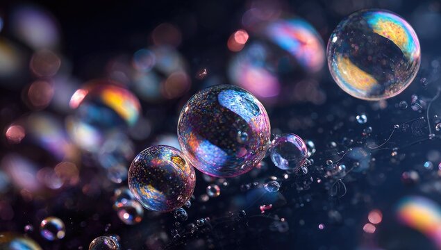 Colorful soap bubbles in motion against a dark background - Powered by Adobe