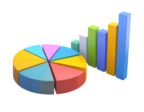 3D illustration of a clipboard displaying colorful pie and bar charts, symbolizing da