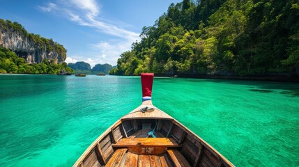 Scenic boat journey through crystal clear waters tropical paradise nature photography serene environment aesthetic viewpoint travel adventure