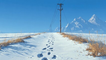 Snowy path leading to mountains under a clear blue sky