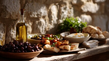 Selection of Mediterranean food presented on a rustic wooden table against a stone wall backdrop