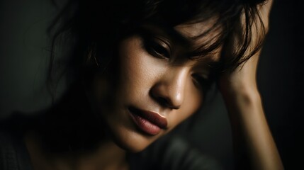 Fototapeta premium A pensive woman with her hand on her head her expression suggesting deep thought stress or a headache in a dimly lit moody portrait